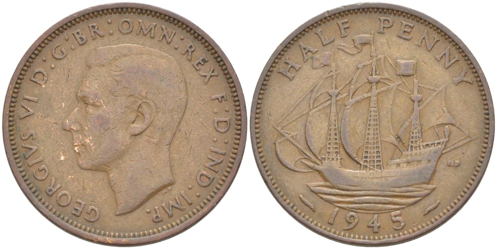 Великобритания 1/2 пенни 1945 Георг VI (1936-1952) KM 844, Spink 4115 бронза    4603-1027