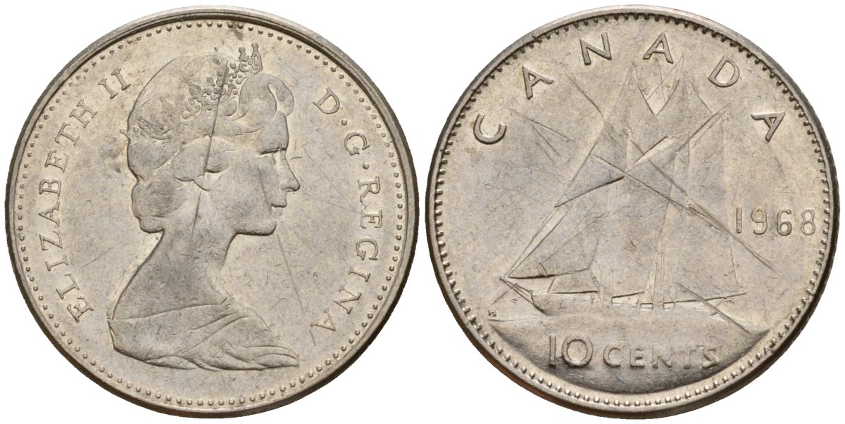 Канада 10 центов 1968 Елизавета II (1952-2022), парусник KM 73 никель 4189-917