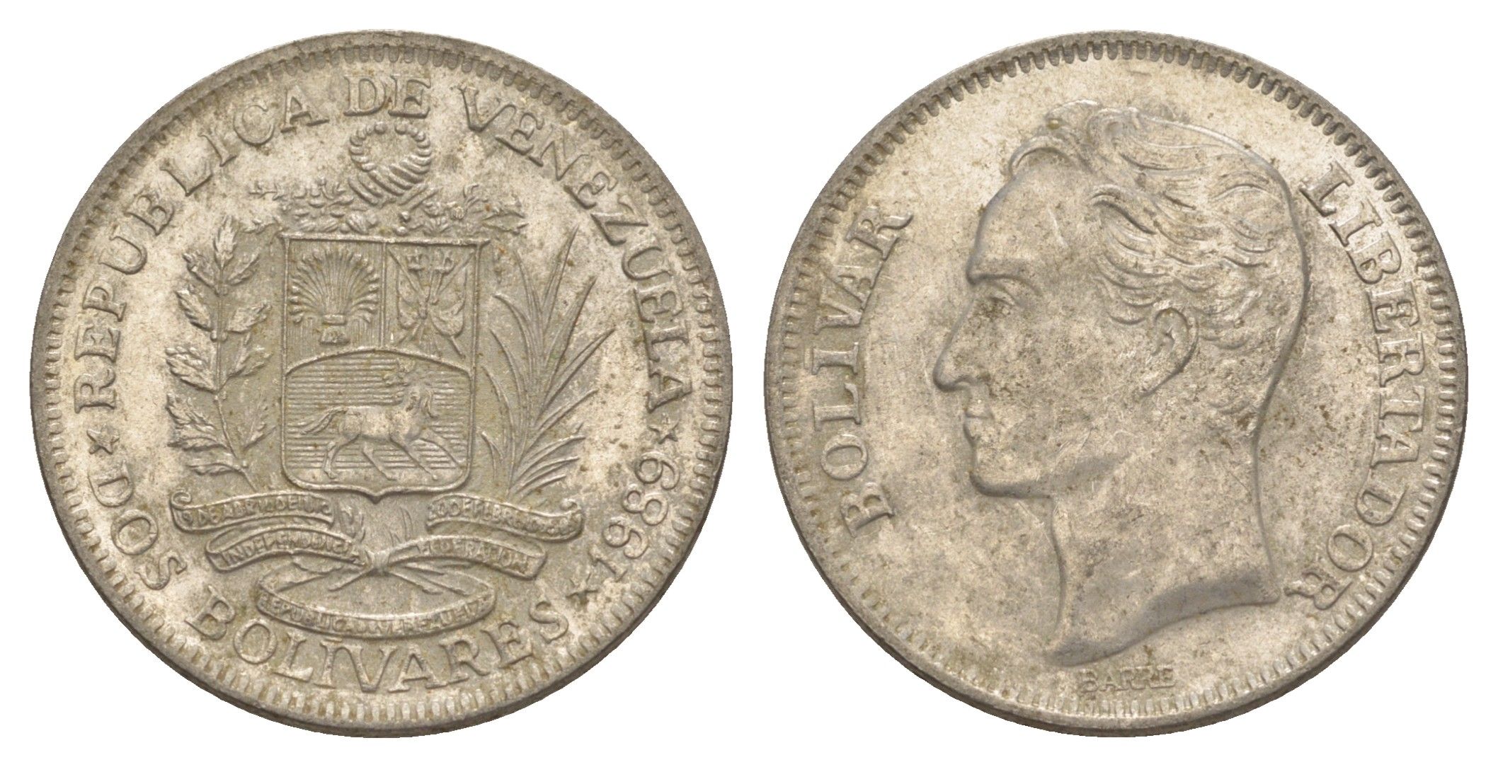 Венесуэла 2 боливара 1989 Симон Боливар Y 43a сталь плакированная никелем 4583-113