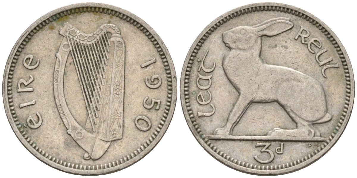 Ирландия 3 пенса 1950 заяц KM 12a медно-никель 4596-1063