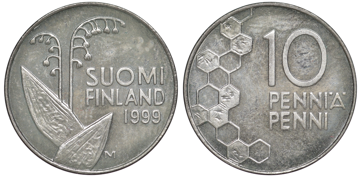 ФИНЛЯНДИЯ 10 ПЕННИ 1999 M, ЛАНДЫШ KM 65 медно-никель 3334-1158