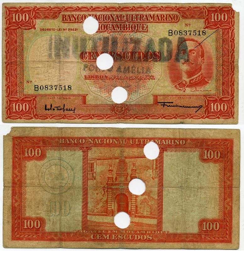 Мозамбик, Португальский 100 эскудо 1958 погашена Pick 107 бумага 8588-46-3-1