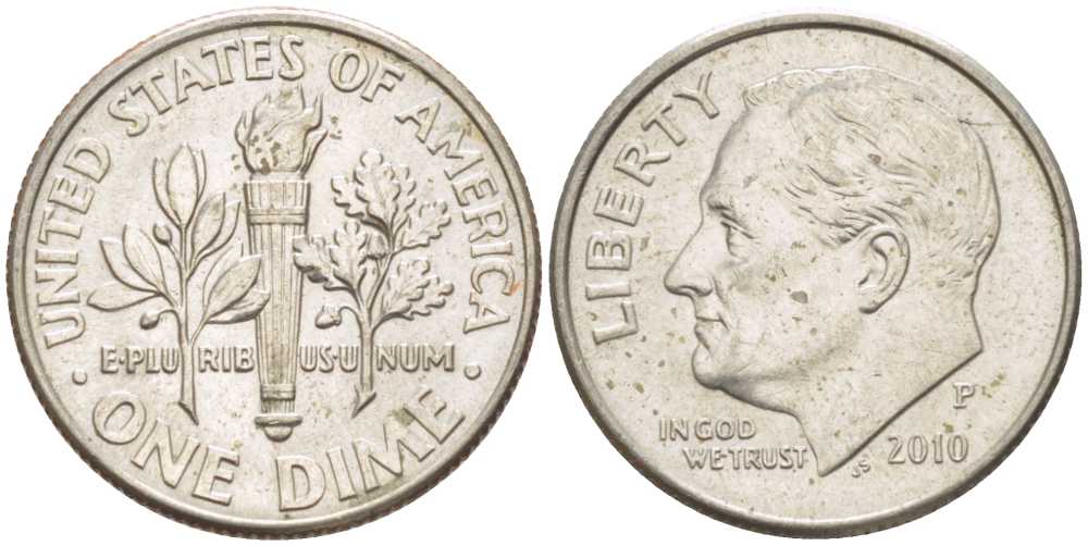 США 10 ЦЕНТОВ = 1 ДАЙМ 2010 Р, РУЗВЕЛЬТ KM 195а медь плакированная медно-никелем 211-1147
