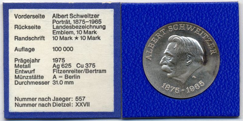 ГДР 10 марок 1975 А, 100 лет со дня рождения Альберта Швейцера, пробная / проба, в оригинальной упаковке с сертификатом KM PR18, J.557 серебро UNC 00-812-46