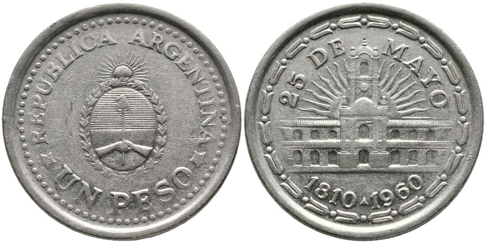 Аргентина 1 песо 1960 150 лет свержения Испанского вице-короля (1810-1960) KM 58 сталь плакированная никелем 3336-737