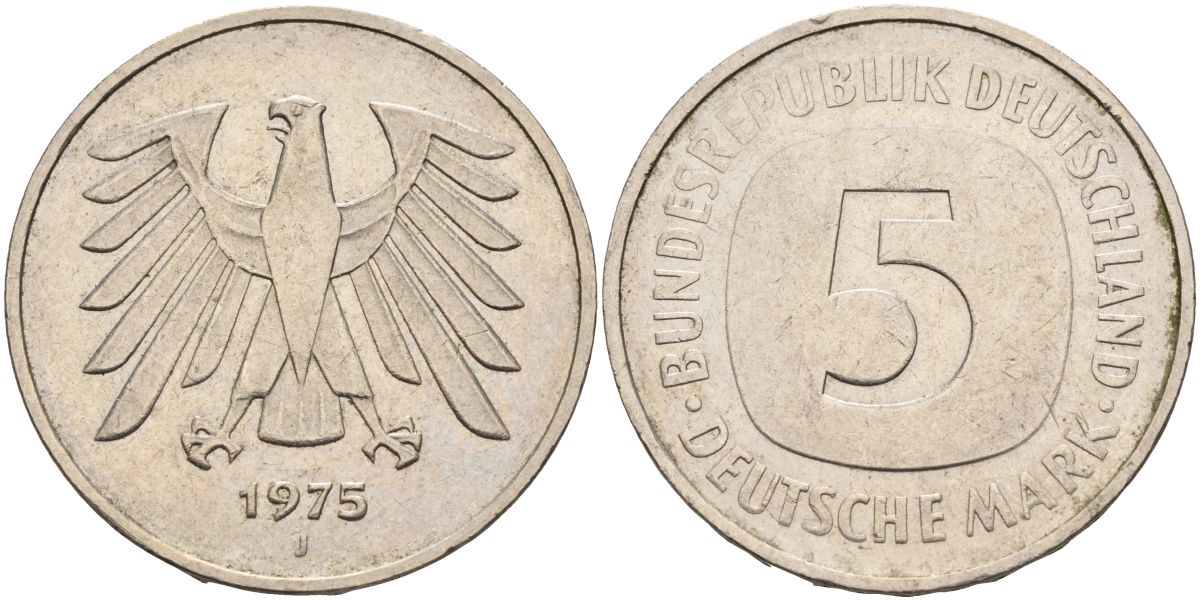 ФРГ 5 марок 1975 J, монетный двор Гамбург КМ 140.1, J. 415 медно-никель плакированный никелем 4117-635