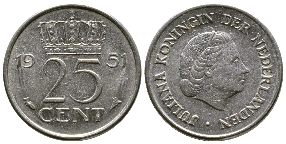 Нидерланды 25 центов 1951 Юлиана (1949-1980) KM 183 никель 261-613