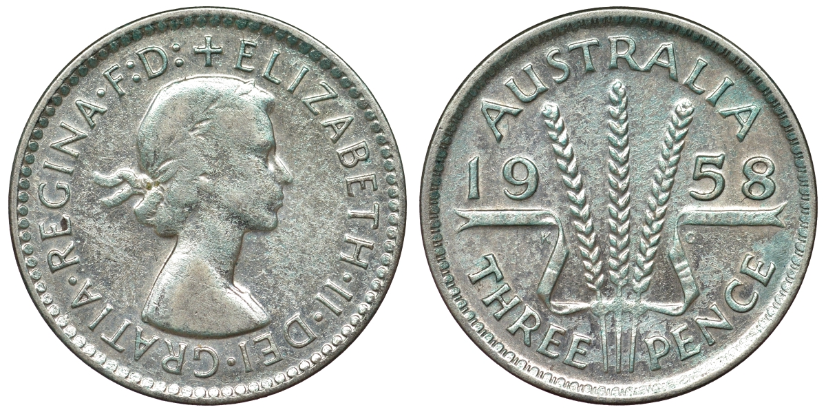 Австралия 3 пенса 1958 m, Елизавета II (1952-2022) KM 57 серебро 71-554