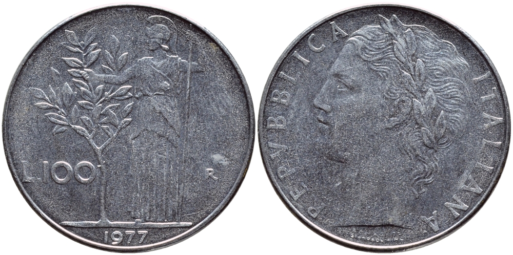 ИТАЛИЯ 100 ЛИР 1977 R , АФИНА KM 96.1 нержавеющая сталь 4394-616