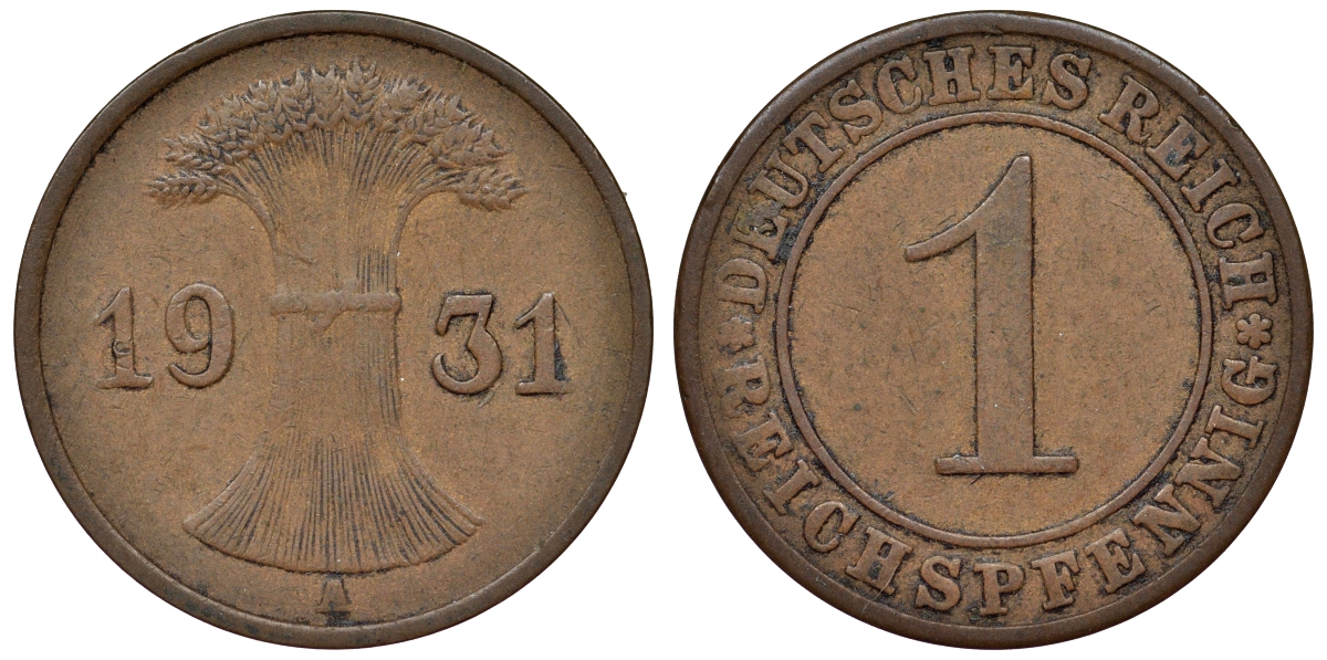 Германия 1 рейхспфенниг 1931 A KM 37, J. 313 бронза 4124-122