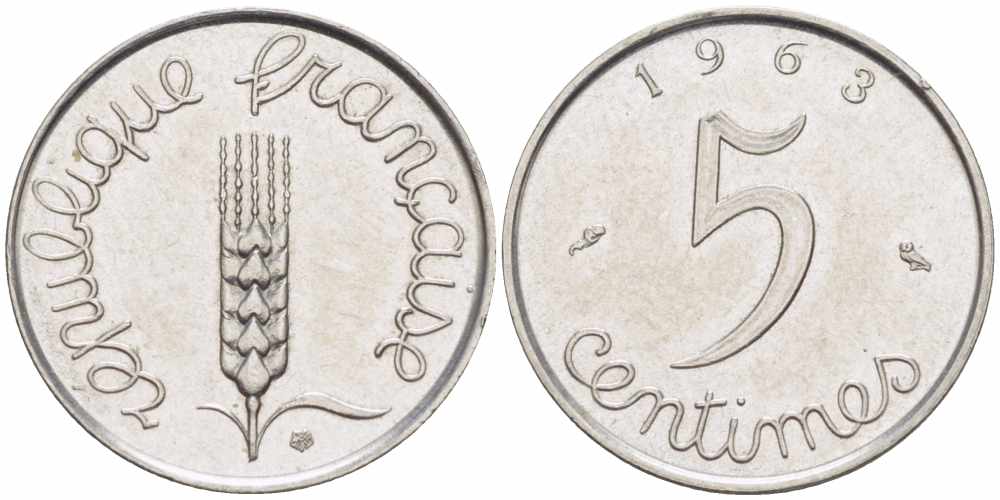 ФРАНЦИЯ 5 САНТИМОВ 1963 ПЯТАЯ РЕСПУБЛИКА KM 927, LE FRANC 124.5 хромированная сталь 105-432