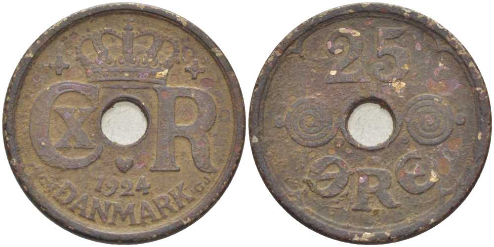Дания 25 эре 1924 NCN; GJ Кристиан X (1912-1947) KM 823.1 медно-никель 212-946