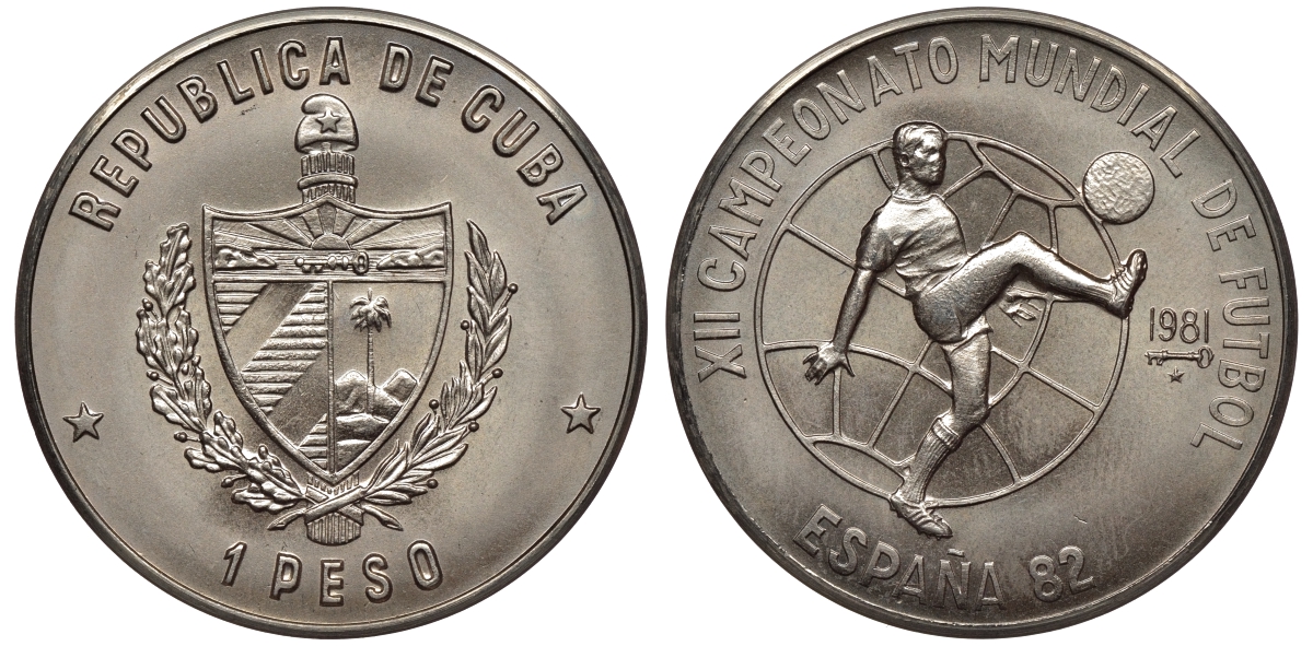 Куба 1 песо 1981 Чемпионат мира по футболу 1982 в Испании KM 58 медно-никель UNC 00-00-00