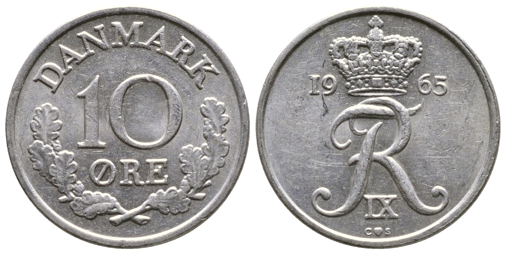 Дания 10 эре 1965 C;S, Фредерик IX (1947-1972) КМ 849.1 медно-никель 26-919