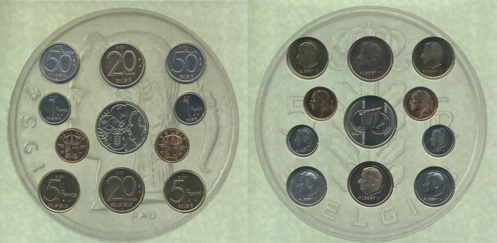 Бельгия набор из 10 монет + жетон 2001 Belgie-Belgique, Прощание с бельгийским франком, переход на евро, в оригинальном картонном буклете KM MS 14 UNC 6-6-2-26