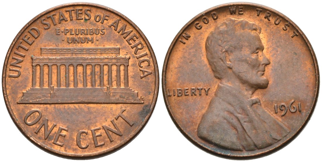 США 1 цент 1961 Авраам Линкольн KM 201 медь цинк 4564-343