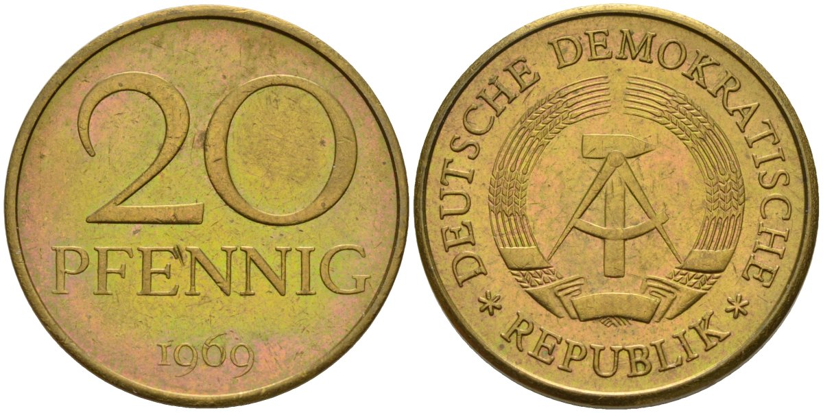 ГДР 20 пфеннигов 1969 A, первый год KM 11 латунь 4141-522