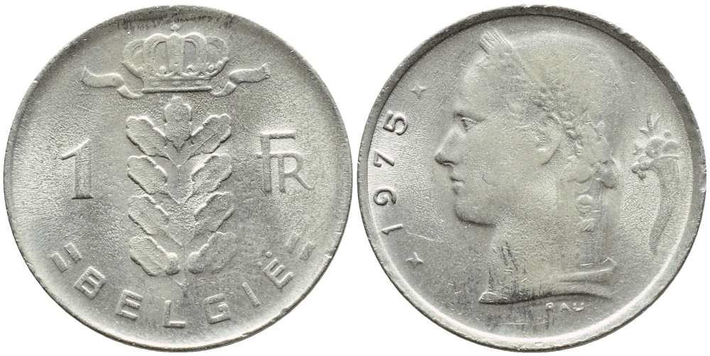 Бельгия 1 франк 1975 Belgie, Бодуэн I (1951-1993) KM 143.1 медно-никель 4381-552