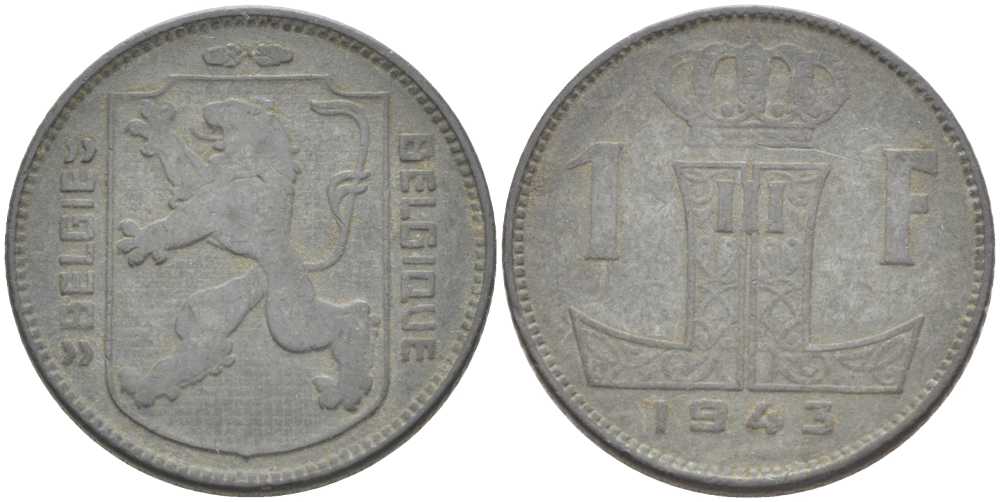 БЕЛЬГИЯ 1 ФРАНК 1943 BELGIE-BELGIQUE, ЛЕОПОЛЬД II (1934-1950), ГЕРМАНСКАЯ ОККУПАЦИЯ, ВТОРАЯ МИРОВАЯ ВОЙНА KM 128 цинк 202-936