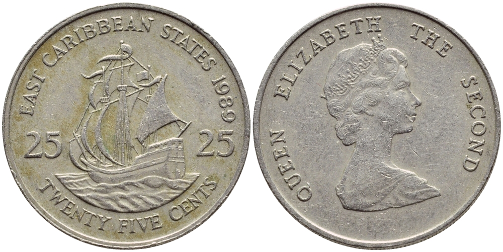 Восточно-Карибские штаты 25 центов 1989 Елизавета II (1952-2022), парусник KM 14 медно-никель 87-946