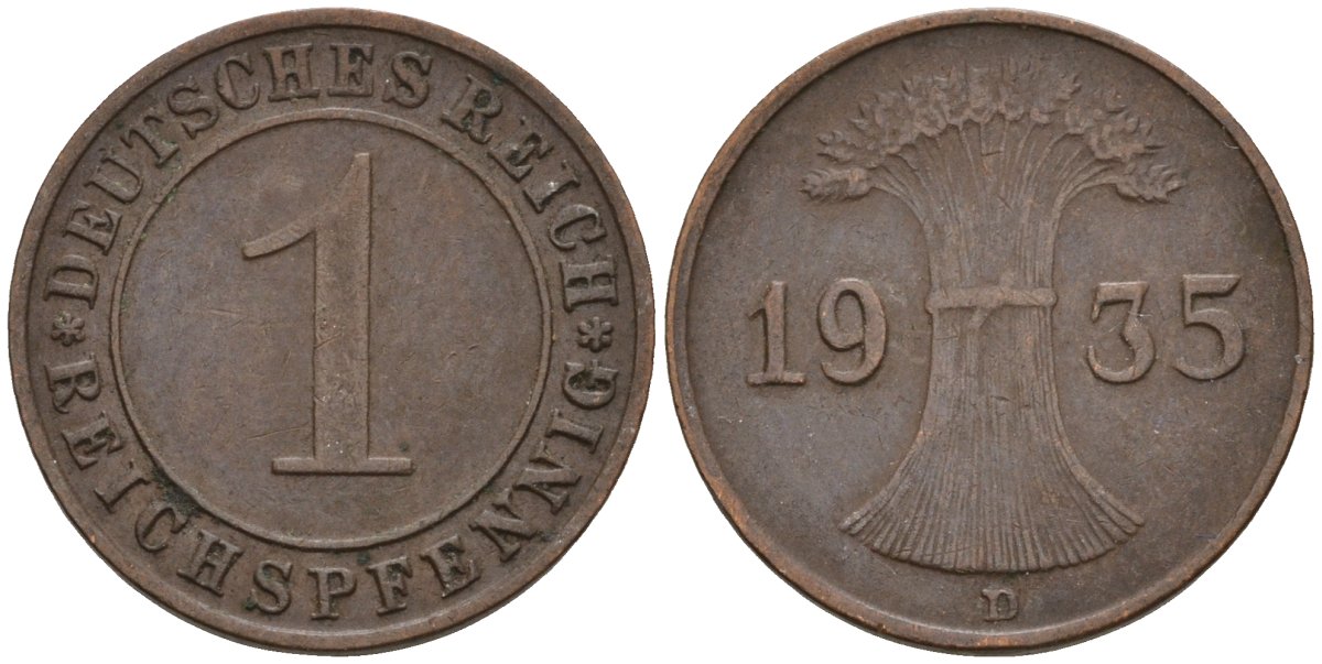Германия 1 рейхспфенниг 1935 D KM 37, J. 313 бронза 4549-748