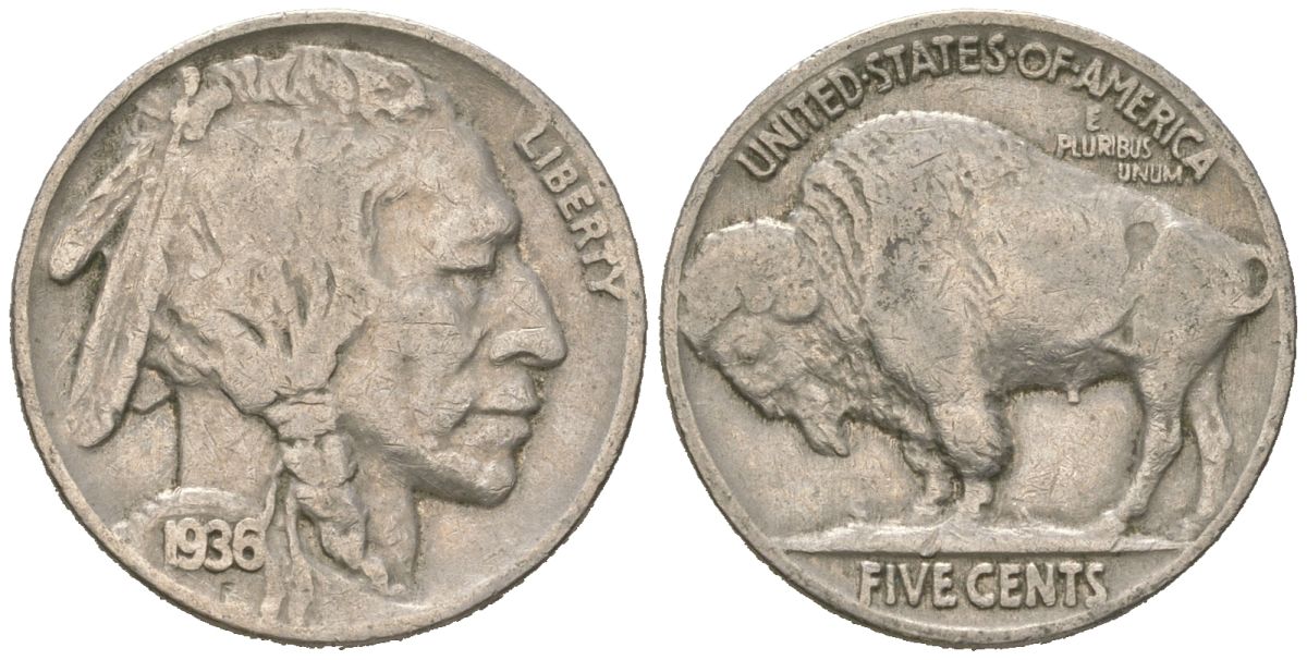 США 5 центов 1936 индеец, бизон KM 134 медно-никель 4614-1236