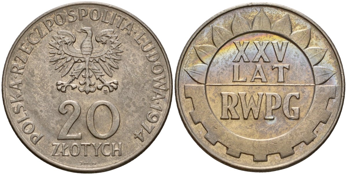 Польша 20 злотых 1974 MW, 25 лет Совету экономической взаимопомощи KM 70, Parchimowicz 247 медно-никель UNC 69-433
