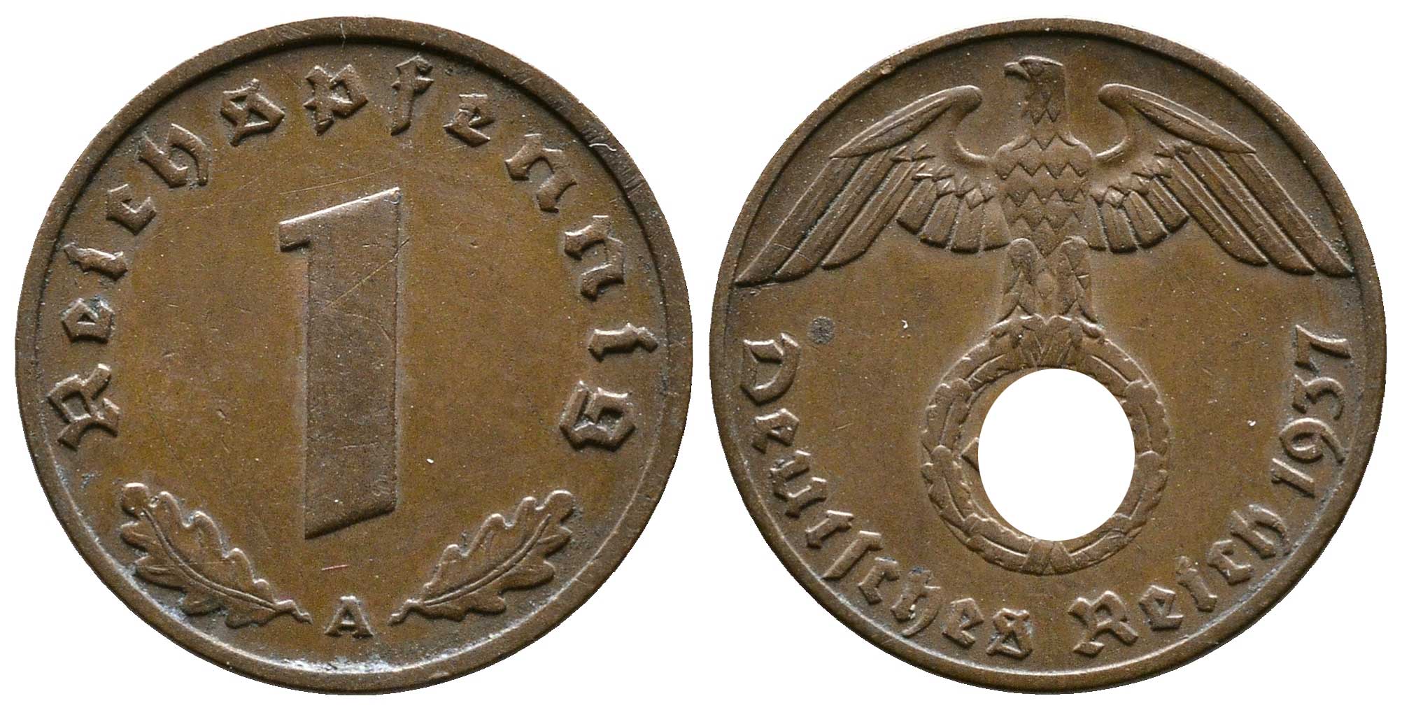 Германия 1 рейхспфенниг 1937 A KM 89, J. 361 бронза 220-169