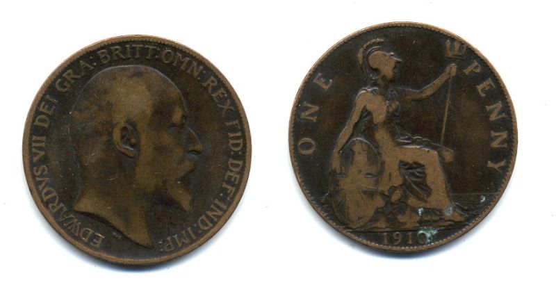 Великобритания 1 пенни 1910 Эдуард VII (1901-1910) KM 794.2, Spink 3990 бронза 47-735
