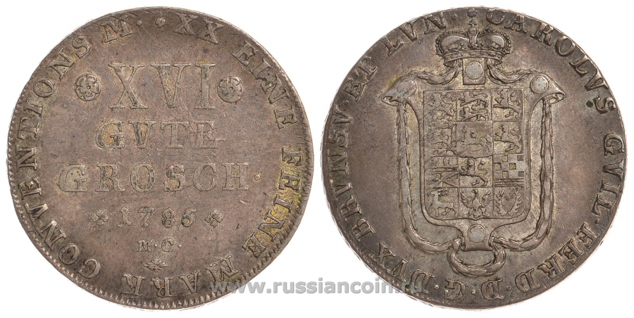 Брауншвейг-Вольфенбюттель 16 гутергрошей 1786 MC, Карл Вильгельм Фердинанд (1780-1806) KM 1020, Welter 2911 серебро 00-00