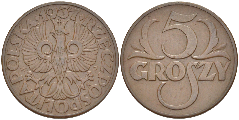 ПОЛЬША 5 ГРОШЕЙ 1937 w KM 10а, Parchimowicz 103i бронза 216-946