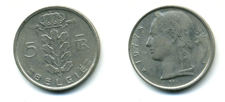 БЕЛЬГИЯ 5 ФРАНКОВ 1977 BELGIE KM 135.1 медно-никель 25-1515