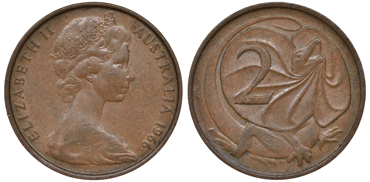 Австралия 2 цента 1966 Елизавета II (1952-), плащеносная ящерица KM 63 бронза 62-1132