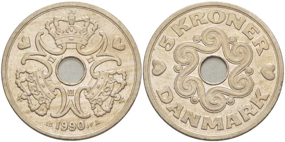 ДАНИЯ 5 КРОН 1990 LG; JP; A, МАРГРЕТЕ II (1972-) KM 869.1 медно-никель 38-435