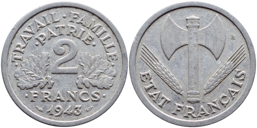 Франция 2 франка 1943 правительство Виши KM 904.1 алюминий 4397-727