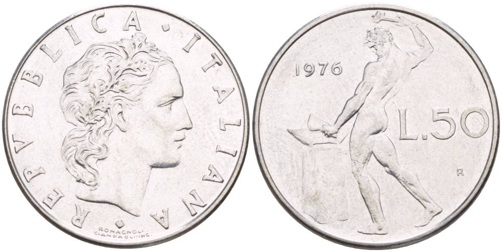 ИТАЛИЯ 50 ЛИР 1976 R, БОГ ОГНЯ ВУЛКАН У НАКОВАЛЬНИ KM 95.1 нержавеющая сталь 4525-331