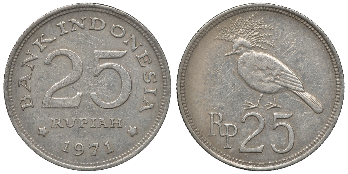 Индонезия 25 рупий 1971 год тип, венценосный голубь KM 34 медно-никель 4118-214