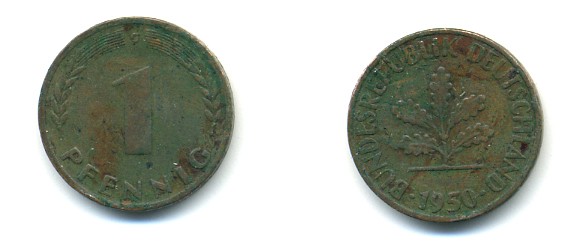 ФРГ 1 ПФЕННИГ 1950 G KM 105, J.380 сталь плакированная медью 80-758