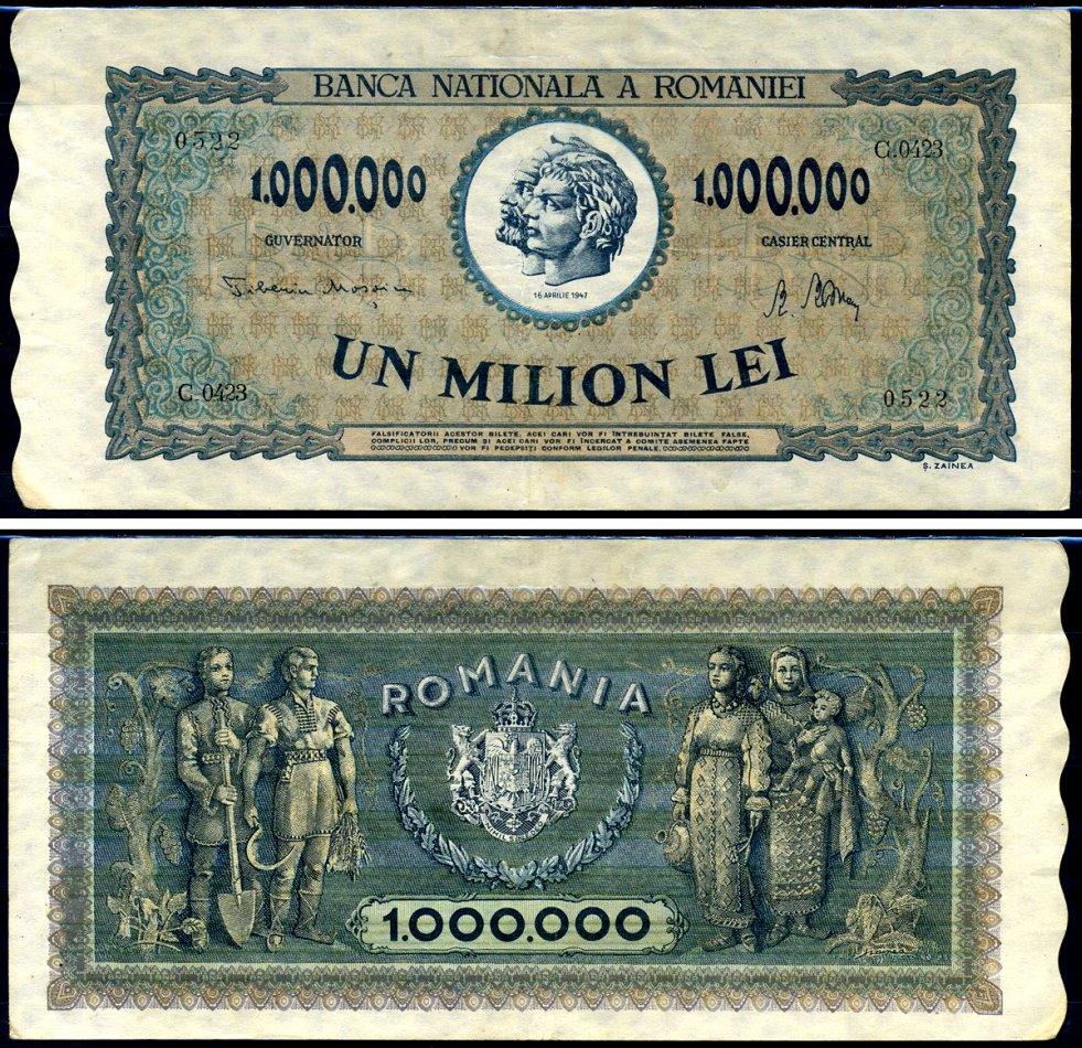 Румыния 1000000 леев 1947 Траян и Децебал, семья крестьян Pick 60 a бумага 8590-15-3-1