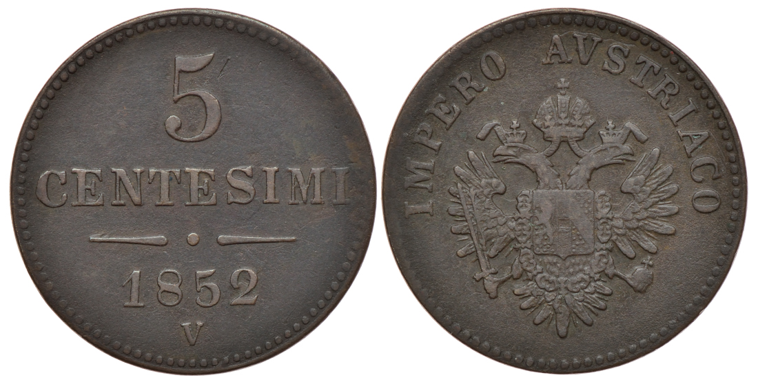 ВЕНЕЦИЯ, ЛОМБАРДИЯ 5 ЧЕНТЕЗИМО 1852 М KM 31.1 медь 560-1626