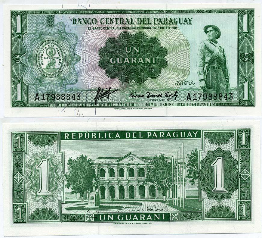 Парагвай 1 гуарани 1952 (1963) солдат, законодательный дворец Pick 193 a (2) бумага UNC (пресс) 7484-59-2