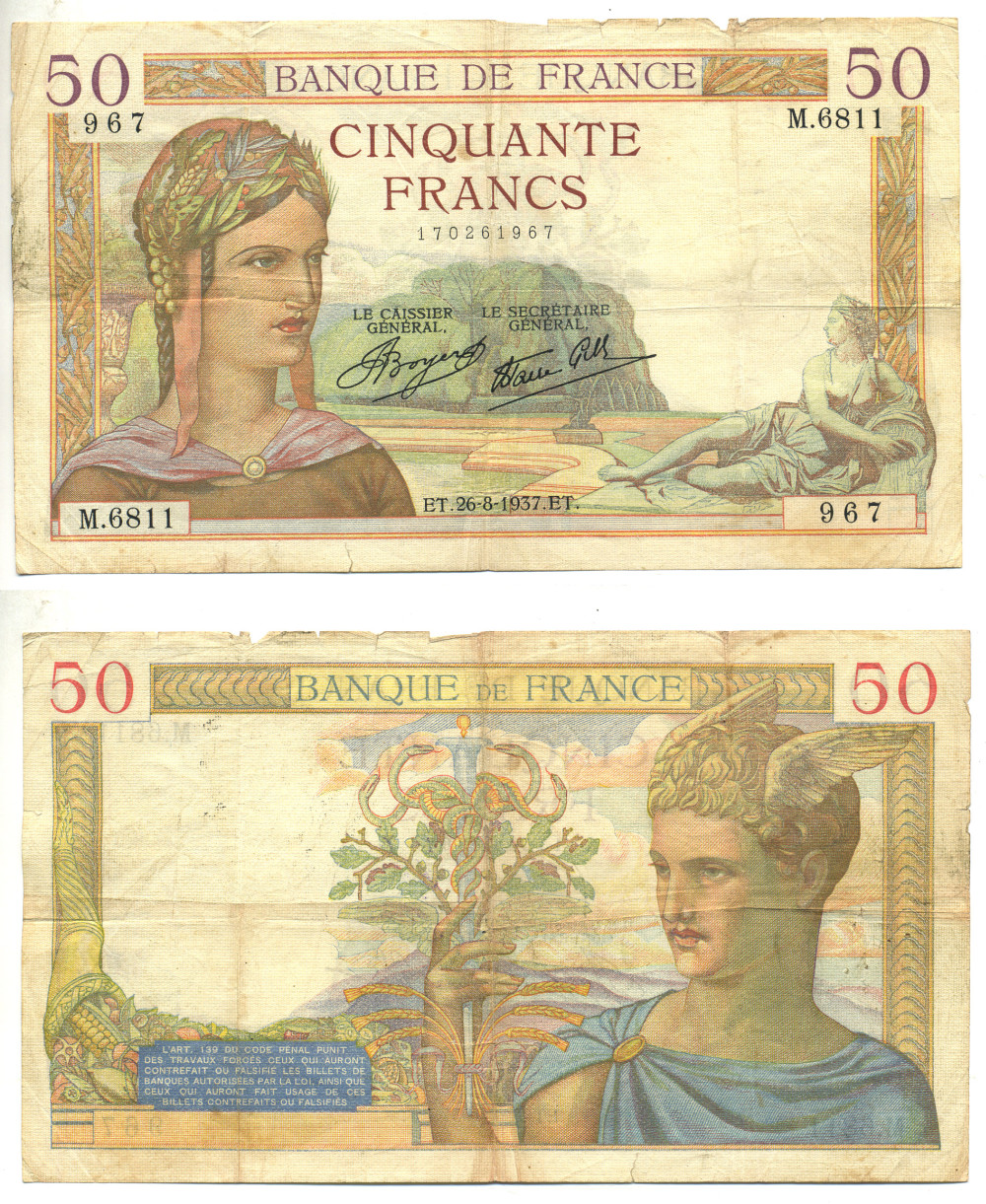 ФРАНЦИЯ 50 ФРАНКОВ 1937 26 АВГУСТА 1937 Pick 85a бумага 3295-25-3