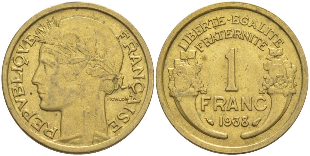 ФРАНЦИЯ 1 ФРАНК 1938 ТИП MORLON KM 885, LE FRANC 219.9 алюминиевая бронза 3853-146