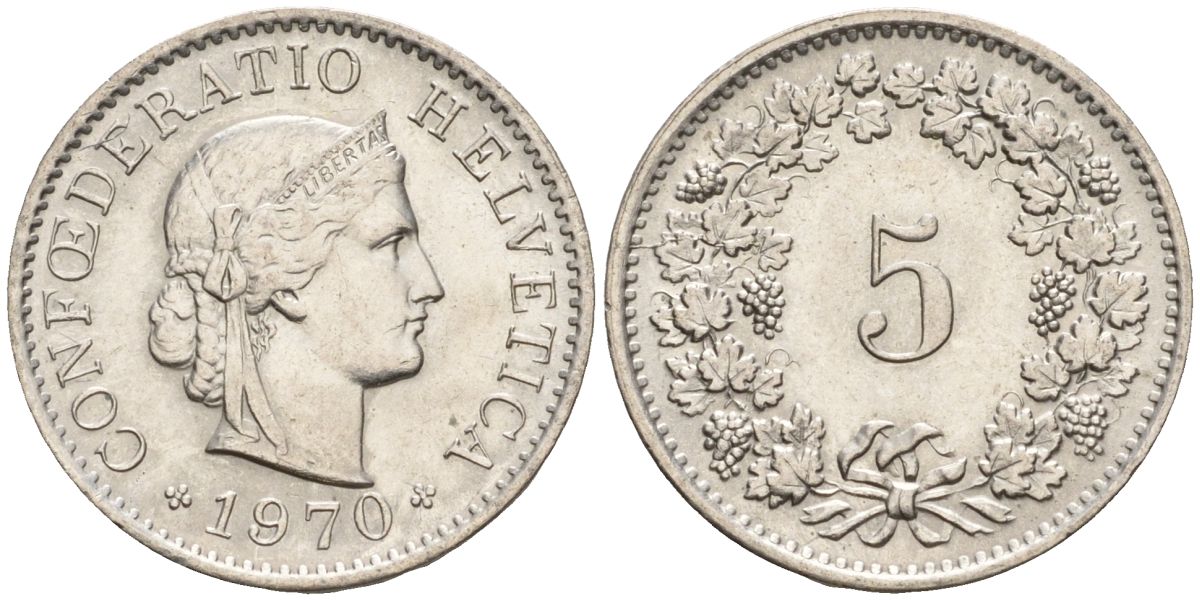 Швейцария 5 раппенов 1970 KM 26 медно-никель 4608-461