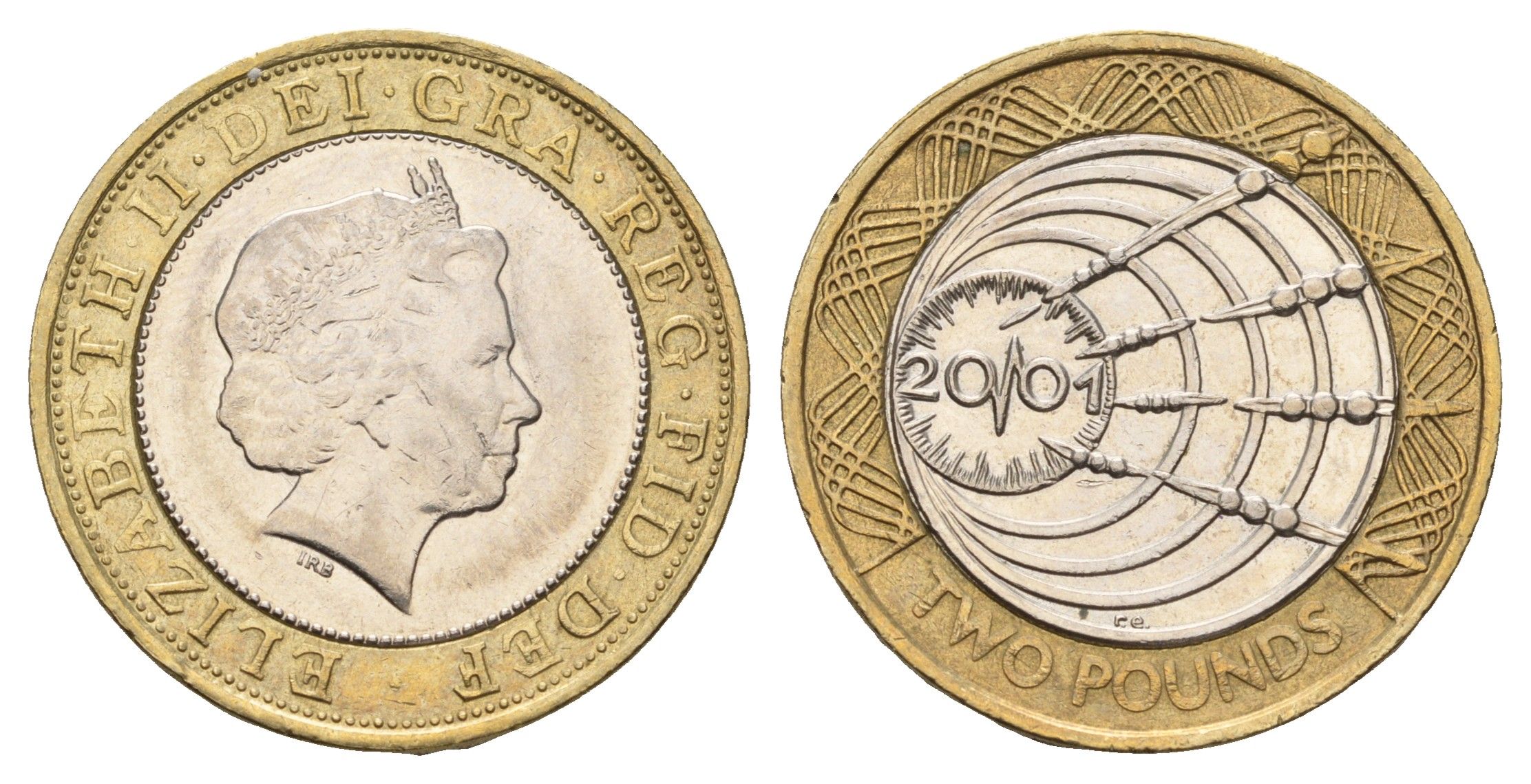 Великобритания 2 фунта 2001 Елизавета II (1952-2022), столетие трансатлантическому радио KM 1014, Spink 4572 (K11) биметалл 4110-1416