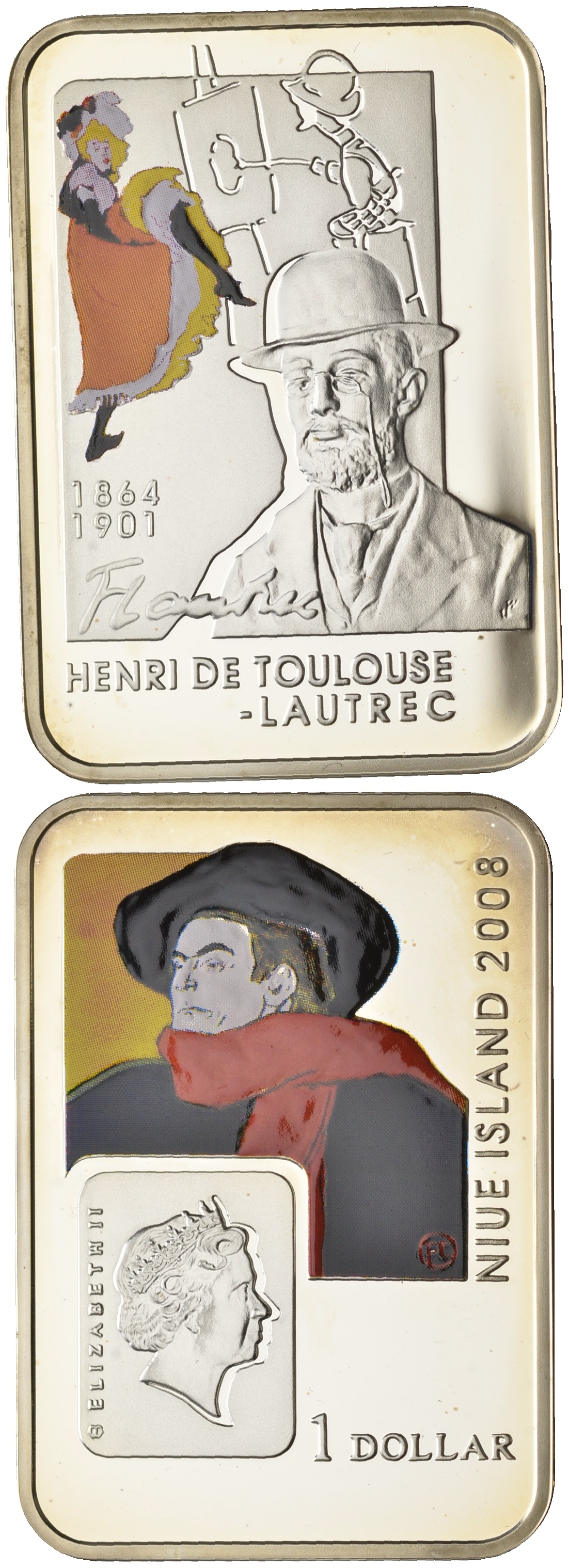 Ниуэ 1 доллар 2008 Анри де Тулуз - Лотрек, Елизавета II (1952-2022) KM 211 серебро  PROOF  00-00