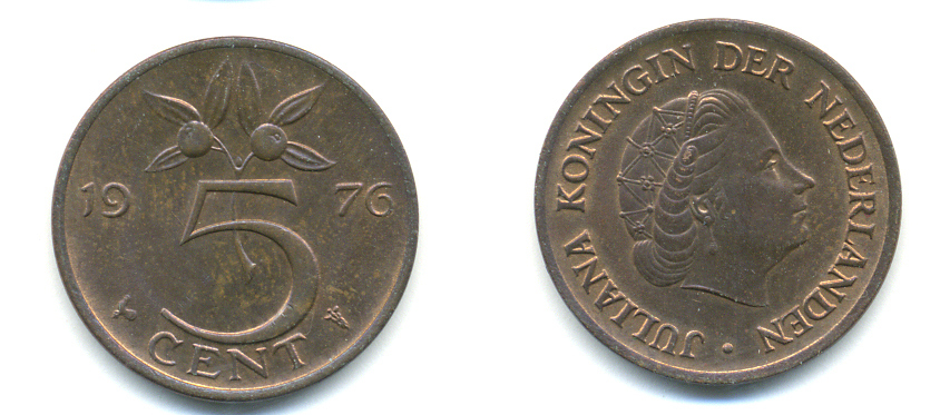 Нидерланды 5 центов 1976 Юлиана (1949-1980) KM 181 бронза 83-854