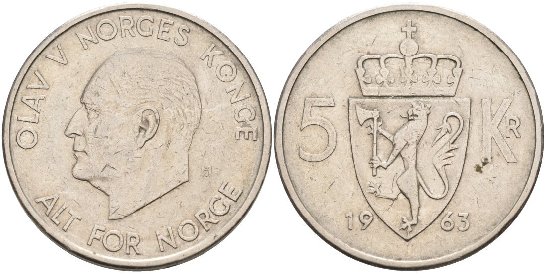 Норвегия 5 крон 1963 Улаф V (1958-1991) KM 412 медно-никель 4572-212