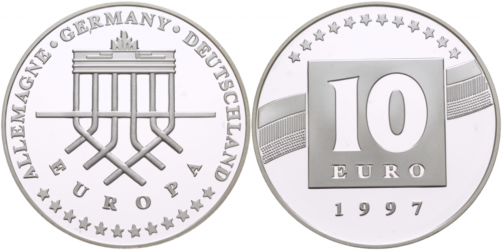 ФРГ 10 евро 1997 Бранденбургские ворота серебро PROOF 1068-3-51