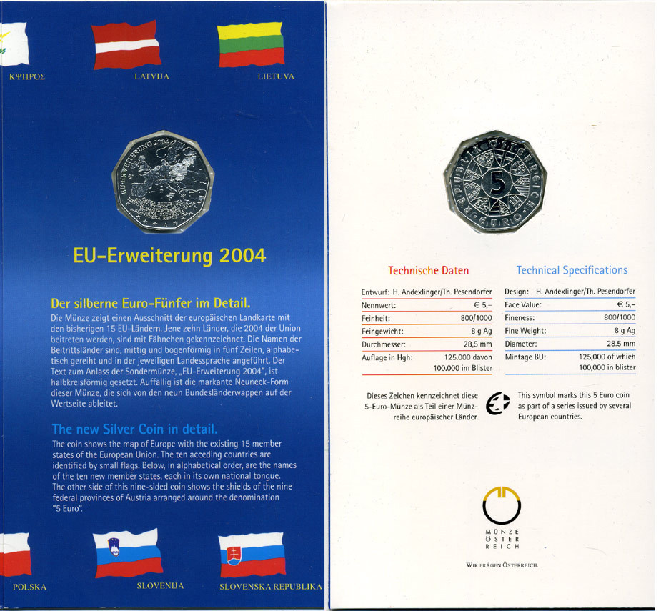 Австрия 5 евро 2004 расширение евросоюза, в оригинальном буклете KM 3122 серебро UNC 1-5-2-14